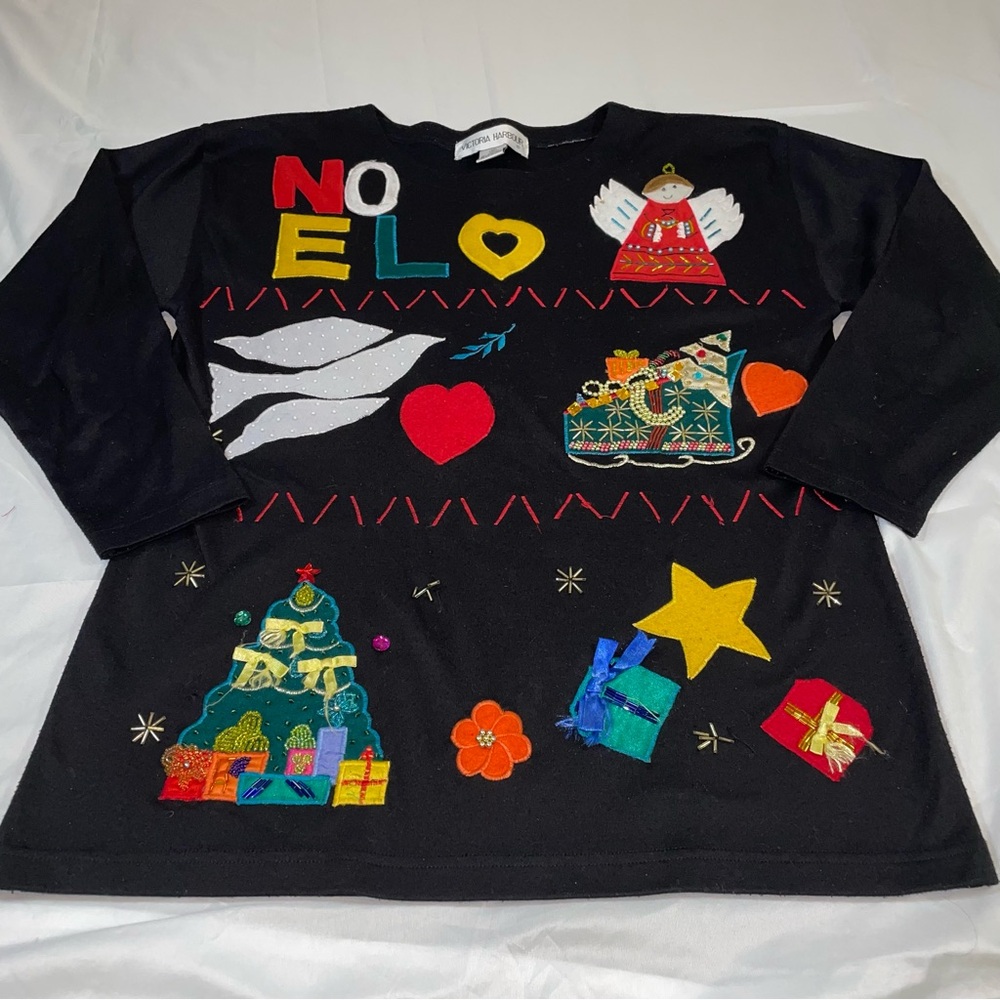 Victoria Harbour Noel Christmas Applique Beaded Long Sleeve Top Black Medium